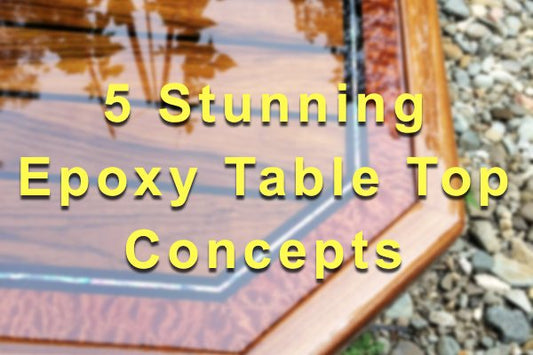 A blurred photo of a wooden epoxy table top with a text overlay that says "5 Stunning Epoxy Table Top Concepts"