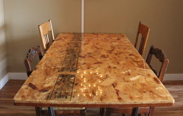 A wooden epoxy dining table.