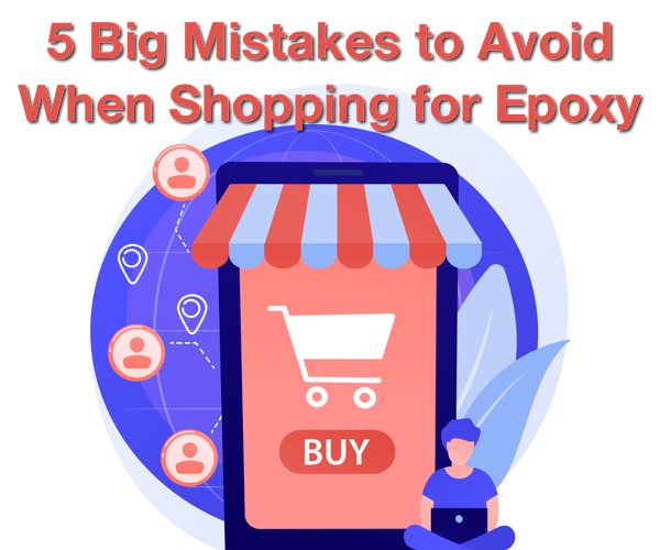 An abstract illustration of online shopping with a text overlay that says "5 Big Mistakes to Avoid When Shopping for Epoxy"