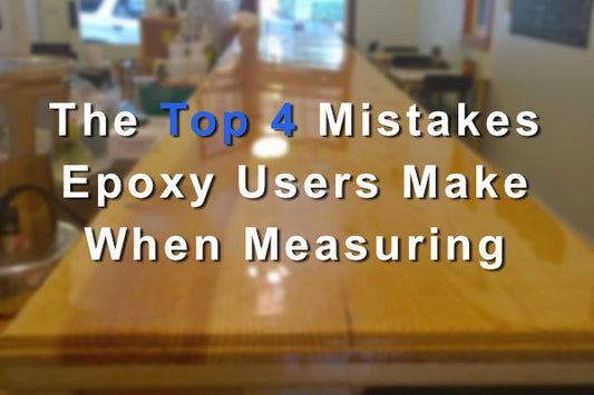 A blurred photo of a wooden epoxy bar top with a text overlay that says "The Top 4 Mistakes Epoxy Users Make When Measuring"